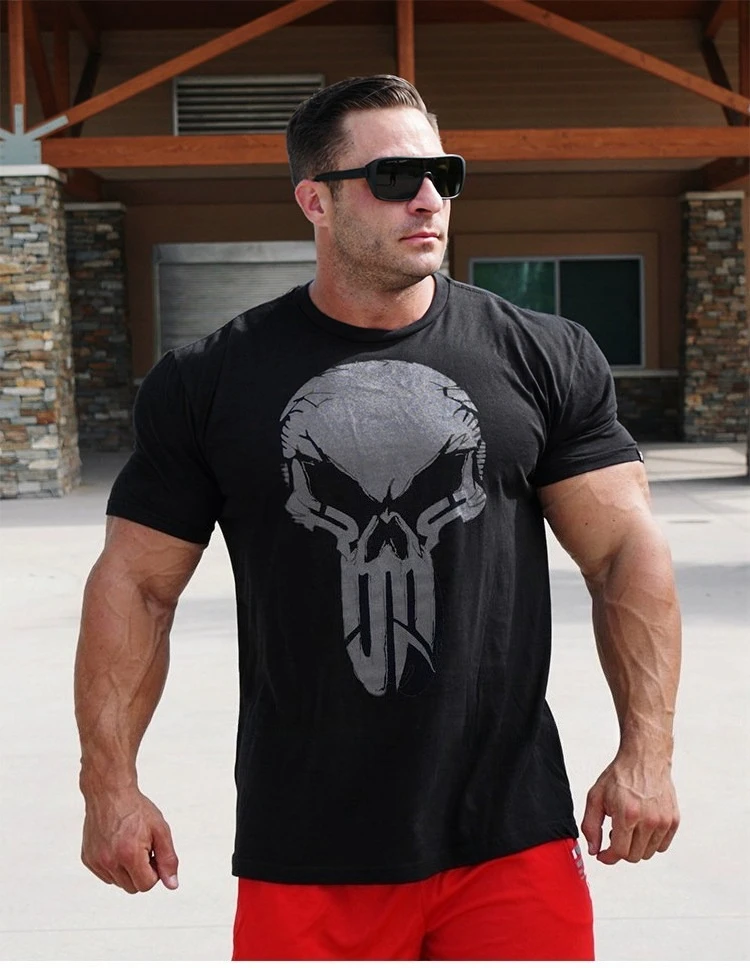2026 Hot Punisher Skull Gym T Shirt Men Bodybuilding Muscle Fit Cotton Short Sleeve O Neck Casual Workout Athletic Beige Tops