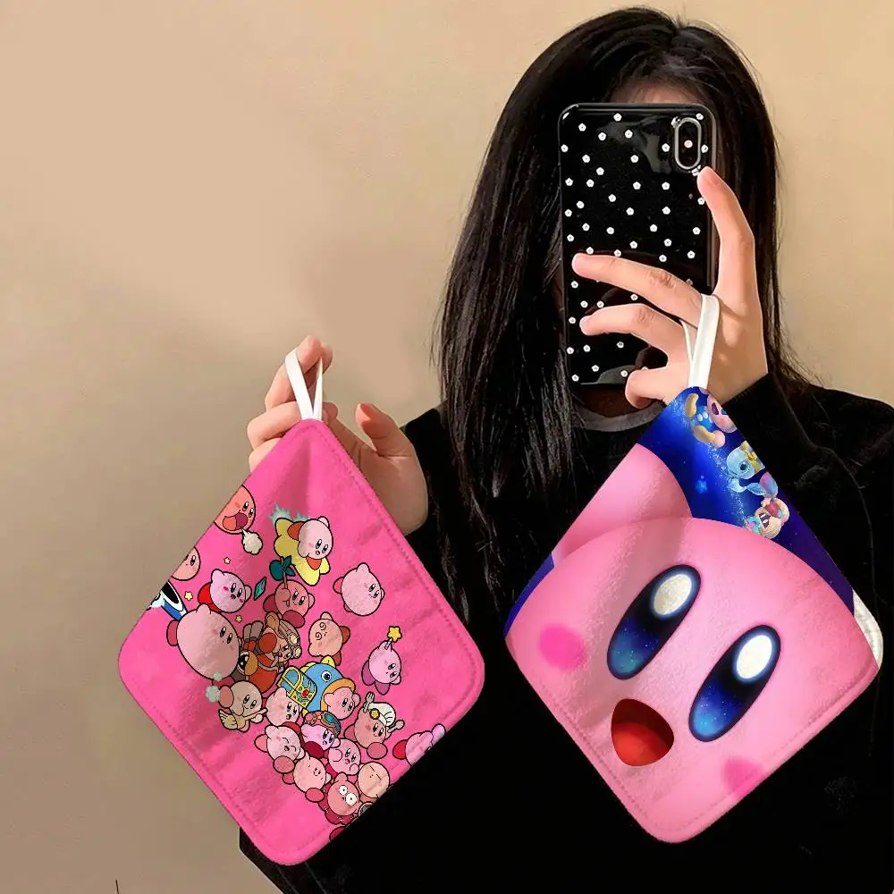 Cartoon Kirby Polyester Cotton Hand Wiping Towel, Hanging Towel, Quick Dry for Kitchen Bathroom Daily Supplies