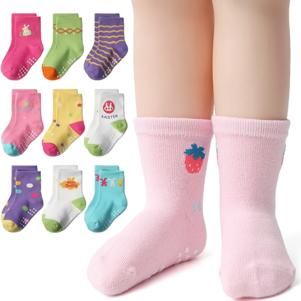 1/3/6/9/12 Pairs Kids Socks Sets for Girls 2026 New Cotton Non-slip Cute Cartoon Patterned Breathable Baby Trampoline Floor Sock