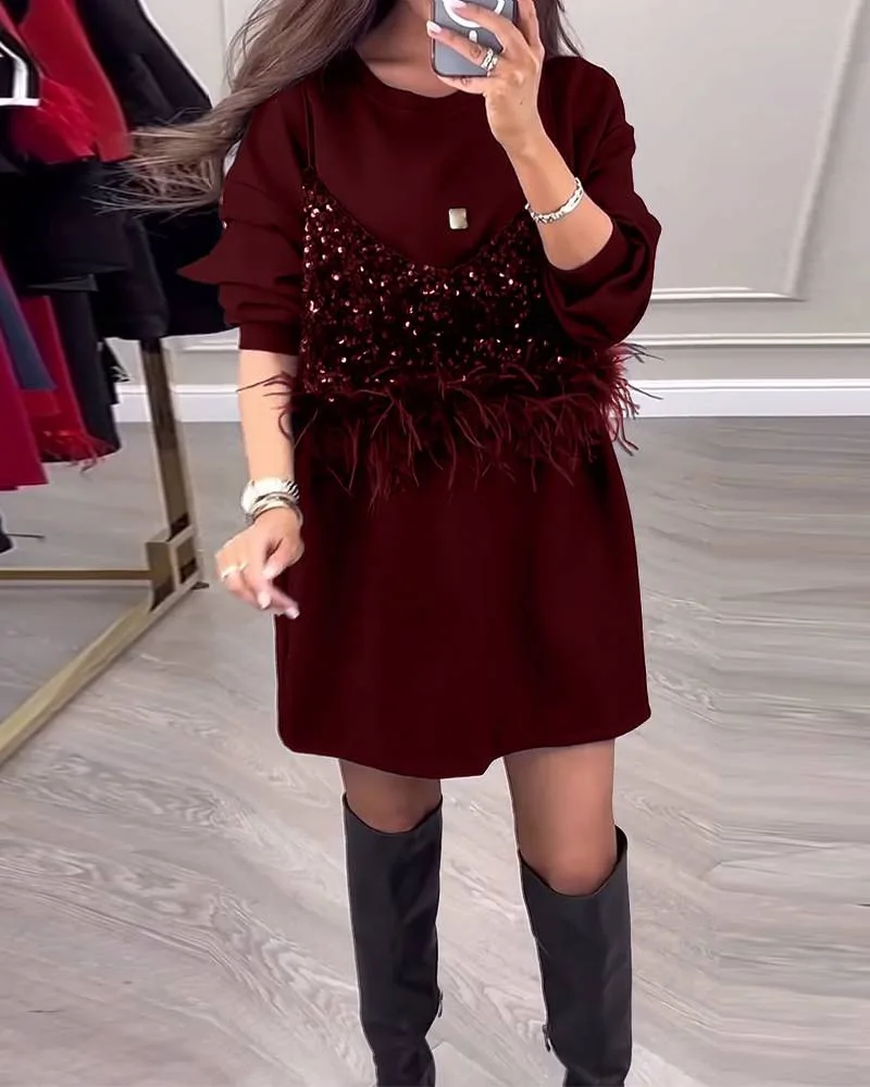 

Lady New Sequin Splicing Dress Women Loose O-Neck Feather Long Sleeve Mini Dresses Spring Casual Two Fake Pieces Robe Femme