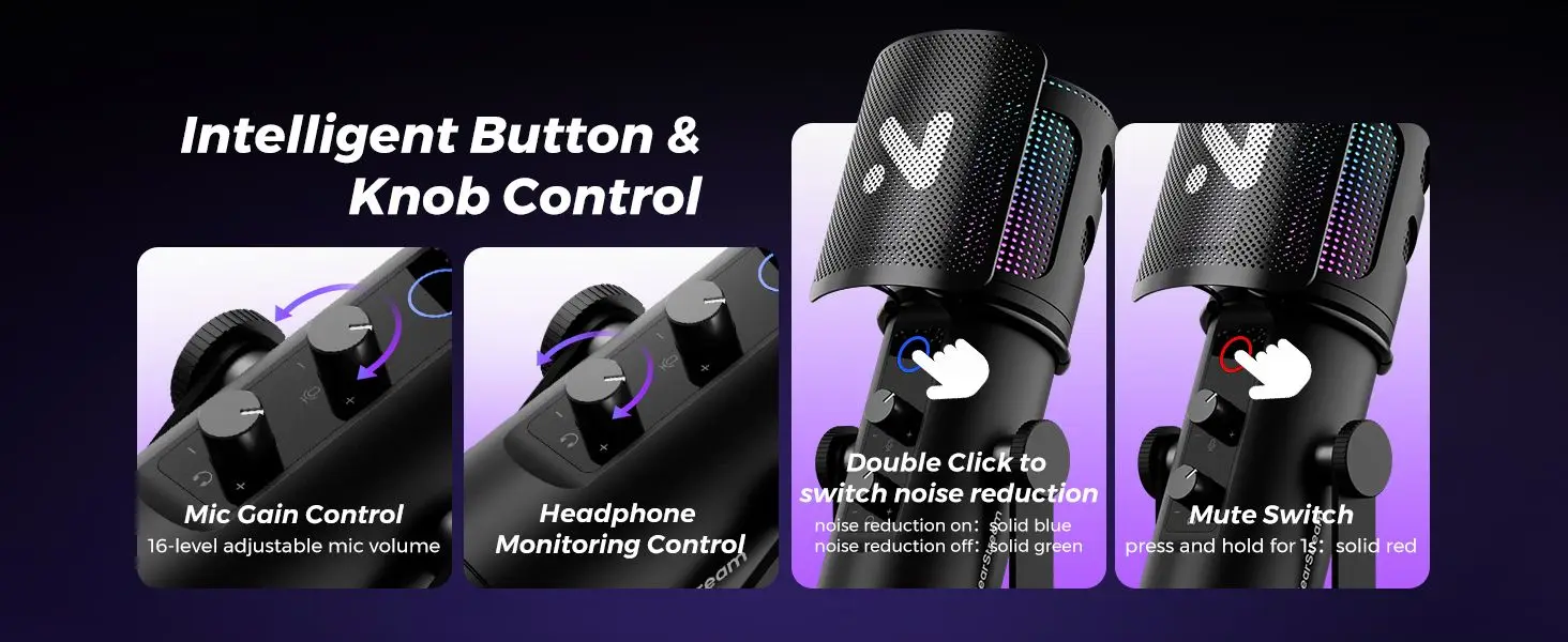 NearStream USB/XLR-Kondensator-Mikro-Gaming-Mikrofon mit 8 RGB-Modi, Beleuchtung, Auslegerarm für Streaming auf PC/PS5, Gamer-Mikrofon – Detail 6