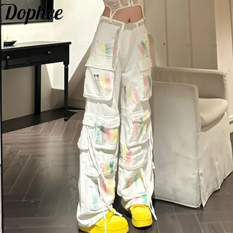 Dophee American Style Subculture Y2k Graffiti Cargo Pants Multi Pockets Denim Trousers High Street Spice Girls Wide Leg Jeans