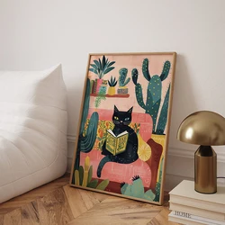 Funny Cat Reading a Book Print Black Cat Poster Gift for Cat People Colorful Funny Cute Cat Art Canvas Painting Home Decoration