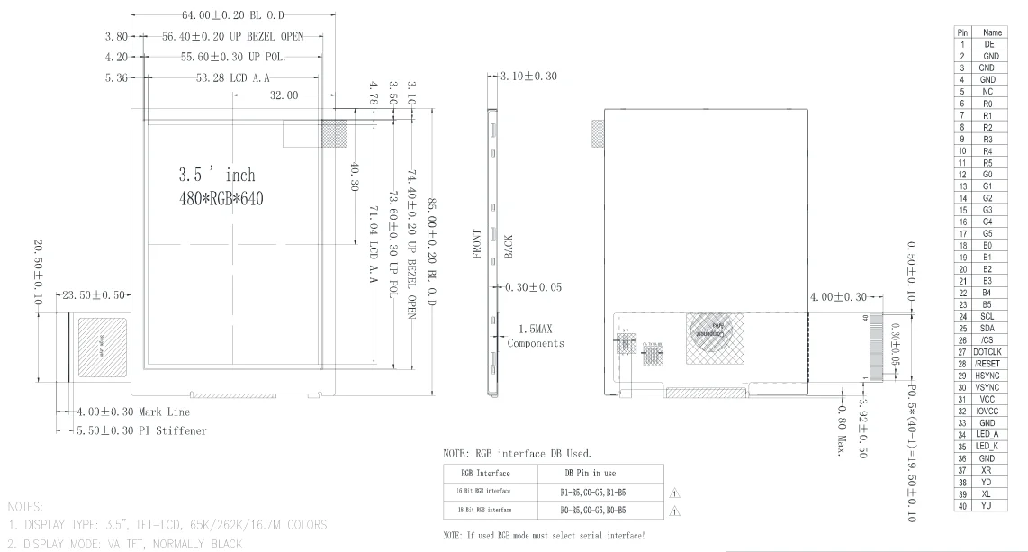 3.5 inch 480*640, ILI9806E, sunlight readable LCD, 3SPI+16/18BIT RGB VA LCD module