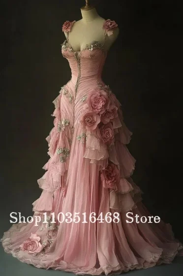 

Customised Pink Prom Dresses Pink Spaghetti Straps Tulle Long 3D Flower Embellished Evening Gowns Banquet Dress Formal Occasion