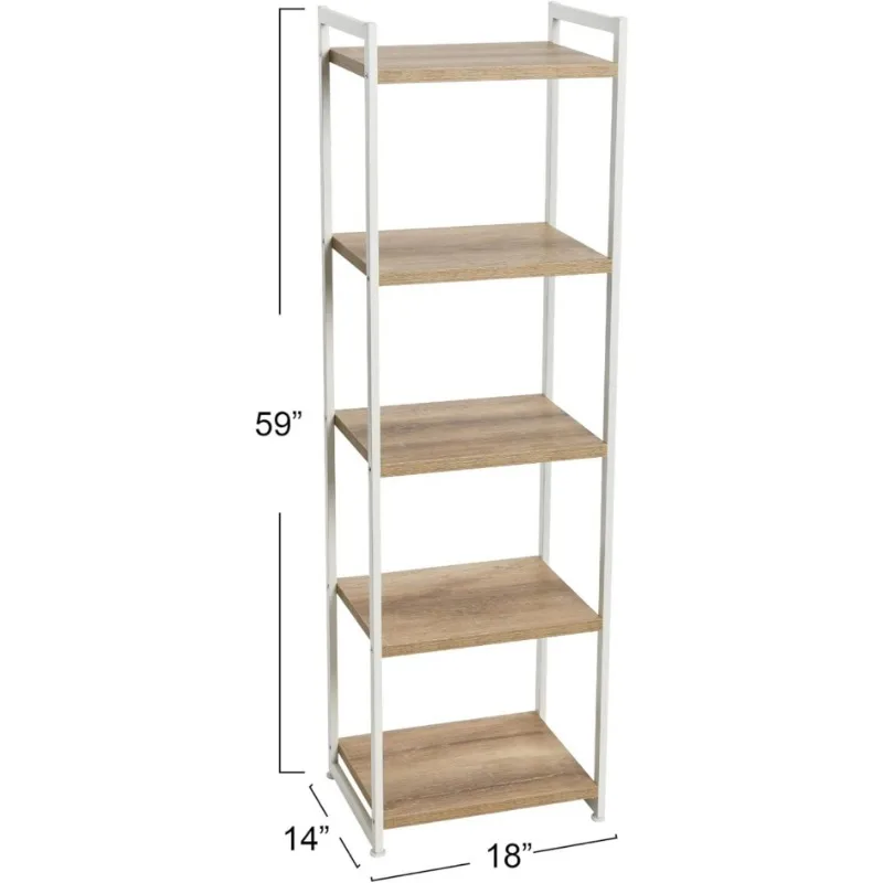 Narrow 5 Shelf Open Storage Bookshelf Coastal Oak Rustic Wood Grain and White Metal,59.1 in. H x 17.72 in. W x 13.8 in. D