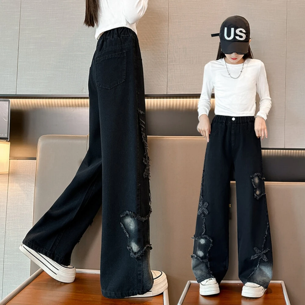 2024 Spring And Autumn Collection New Foreign Trade Girls' Medium And Large Sized Butterfly Loose Wide Leg Straight Leg Jeans