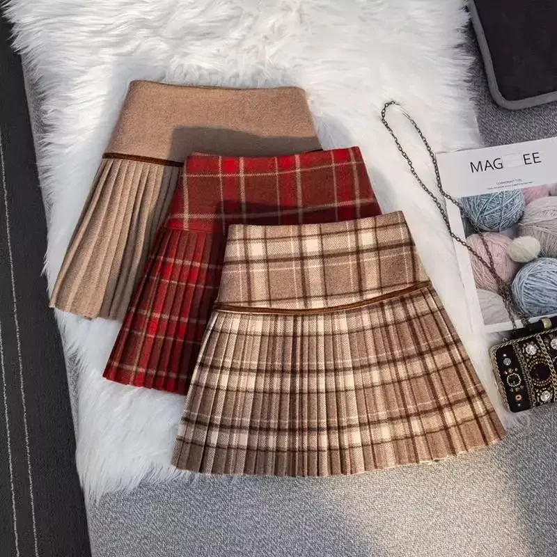 Academy Style Retro Plaid Woolen Pleated Skirt Women Clothing Autumn/Winter High Waisted A-line Spicy Girl Mini Skirts for Women