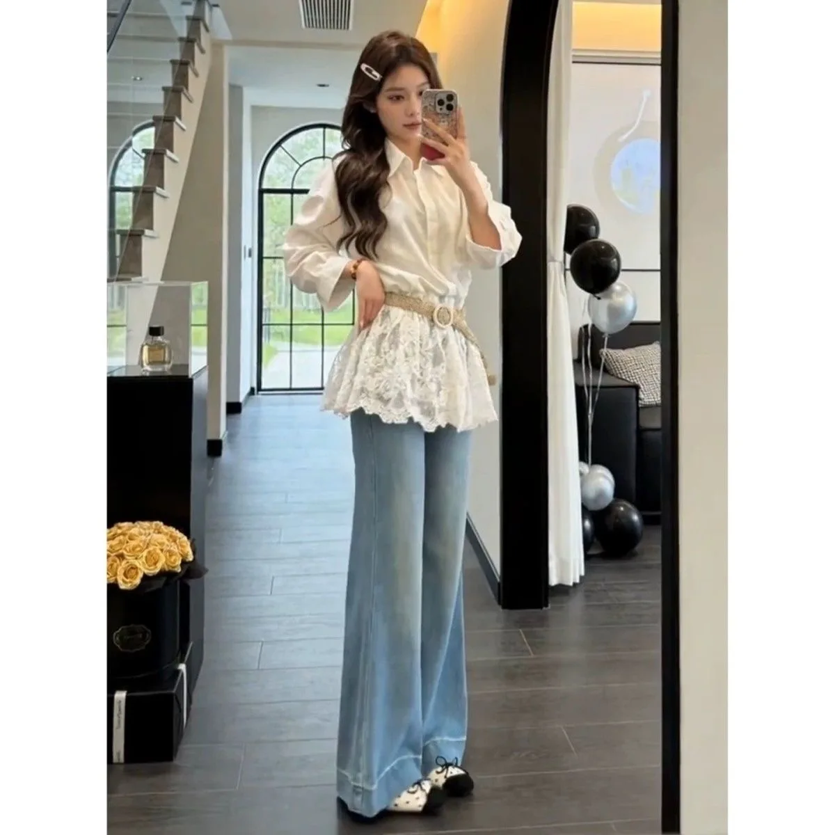 

Unique Beautiful White Lace Long Sleeve Women's Shirt Summer Sun Protection Top Spring Fashion Design Loose Fit Neck