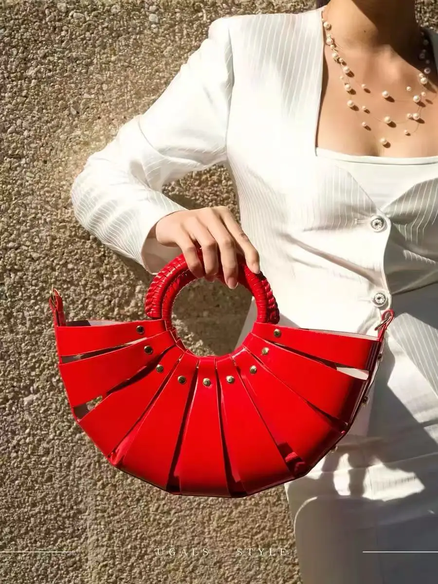 

Fashion Hollow Out Fan Shape Women Handbag Textured PU Casual Tote Bag Large Capacity Luxury Clutch Purse Shoulder Messenger Bag