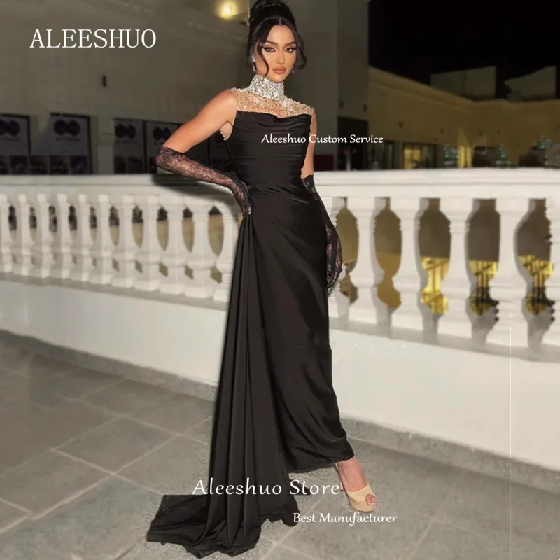 Saudi Arabia Black Mermaid Prom Dressess Sexy High Neck Sleeveless Evening Dress Pleat Shiny Beaded Crystal Opne Back Customized
