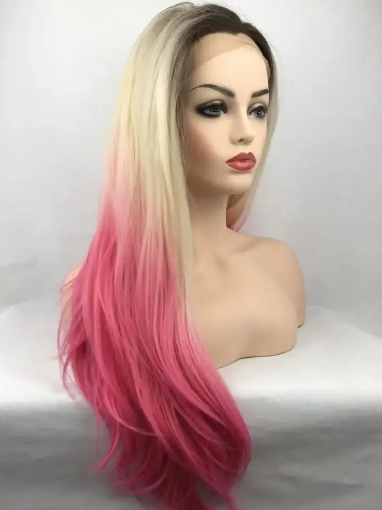 Long Body Wave Lace Front Wig for Women Black gold pink gradient  Wavy Hair Ginger Wig Cosplay