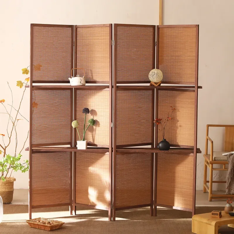 Shelvable Bamboo Wood Folding Screen Partition Solid Wood Mobile Room Divider for Living Room Hotel Office Simple Modern