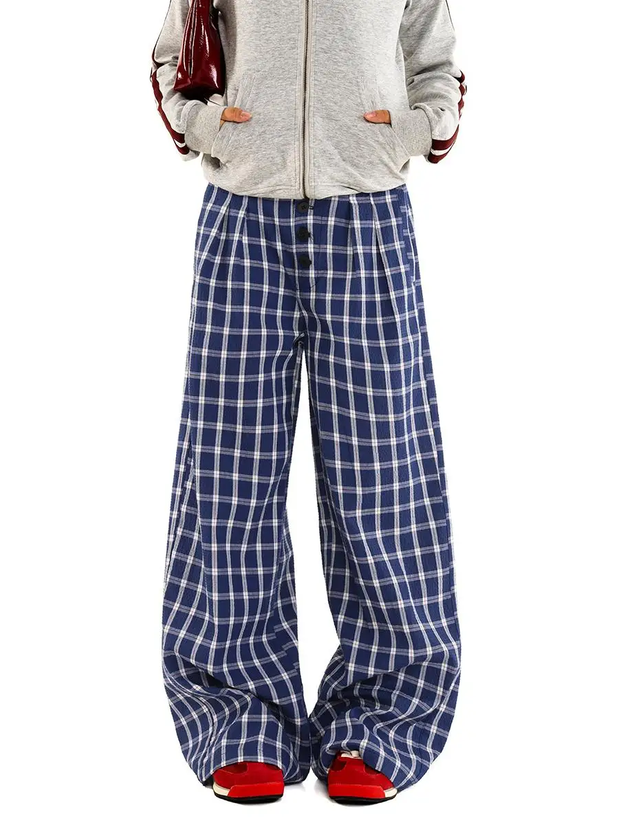 

American Retro Plaid Versatile Casual Pants Men's Cleanfit Straight Leg Lazy Wide Leg Pants Suitable for Both Men And Women