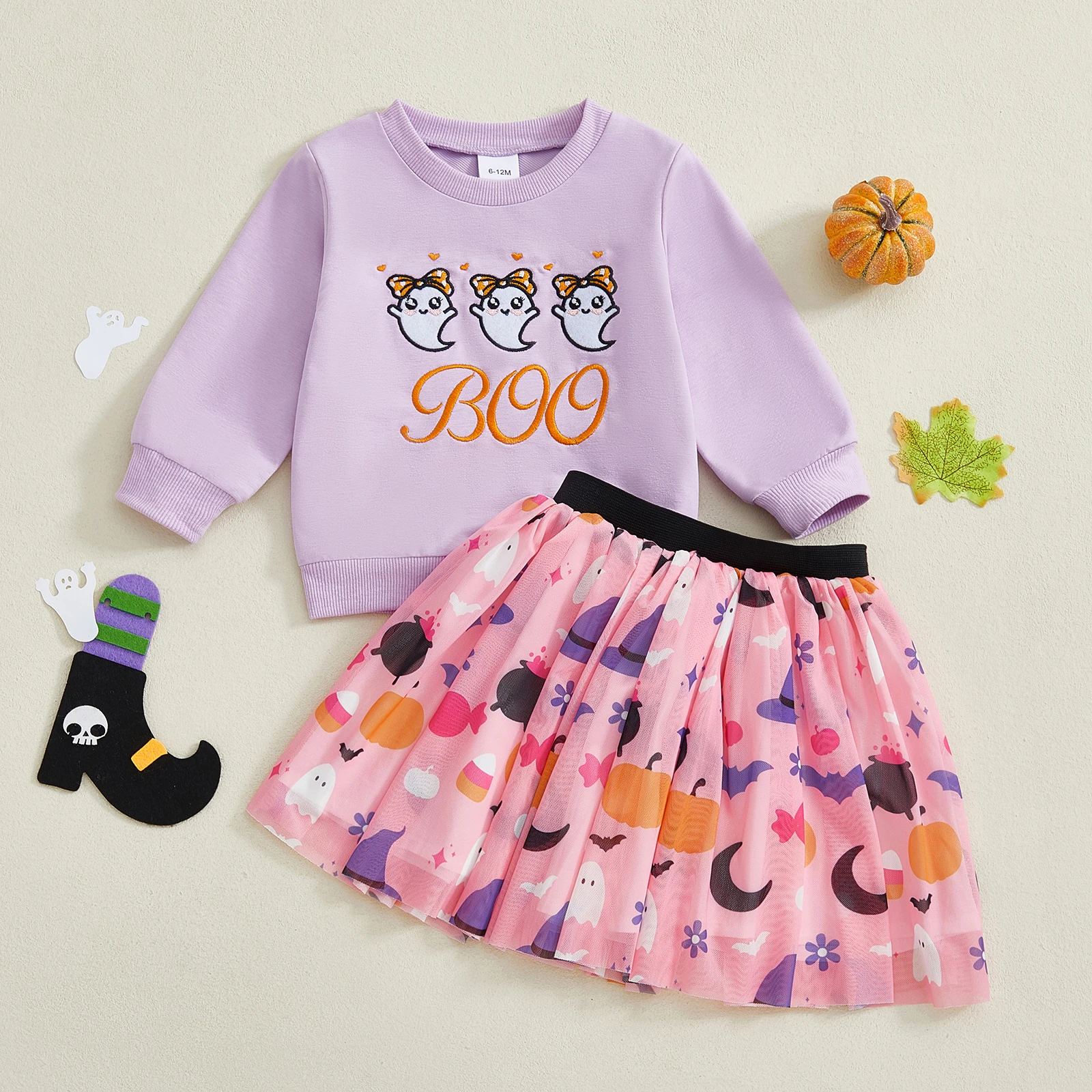 

Adorable Baby Girl Halloween Costume Set with Ghost Print Sweatshirt and Skirt - Cute Toddler Outfit for Fall Fun