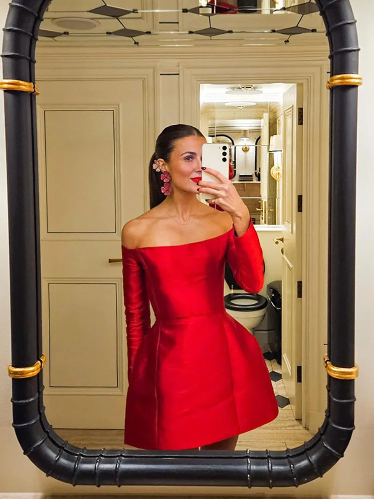 Retro Red Satin Strapless Dress For Women Elegant Long Sleeve Backless Slim Mini Dress Lady Merry Christmas A Line Party Wear