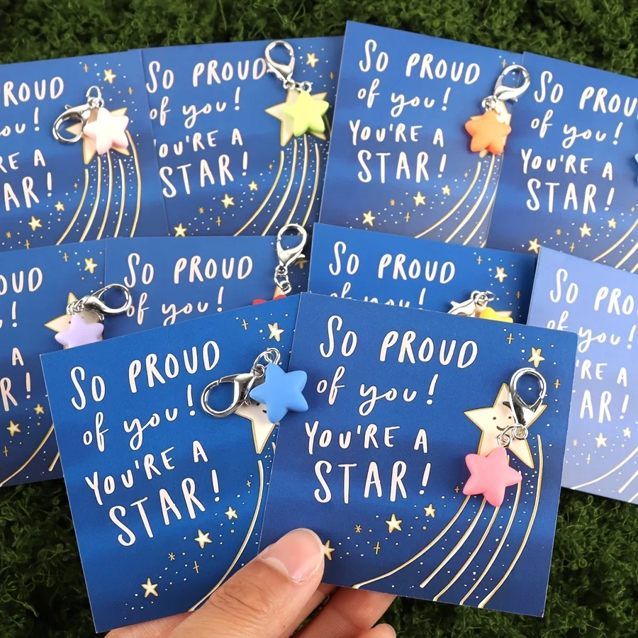 10 Pieces Encouraging Star Resin Keychains Gift Set- with Motivational Cards 