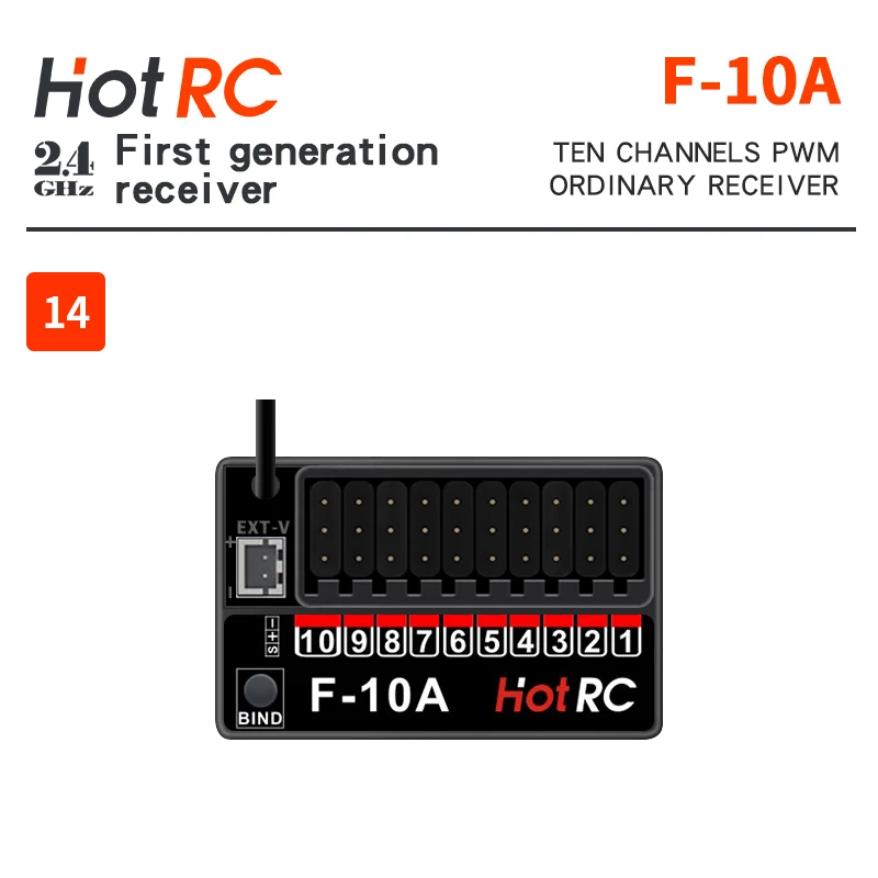HotRC F-10A 2.4G 10CH Receptor de retorno de tensão PWM DC 4V-9V Sistema de rádio para CT-10B HT-10A Transmissor RC Carro Avião Tanque Barco