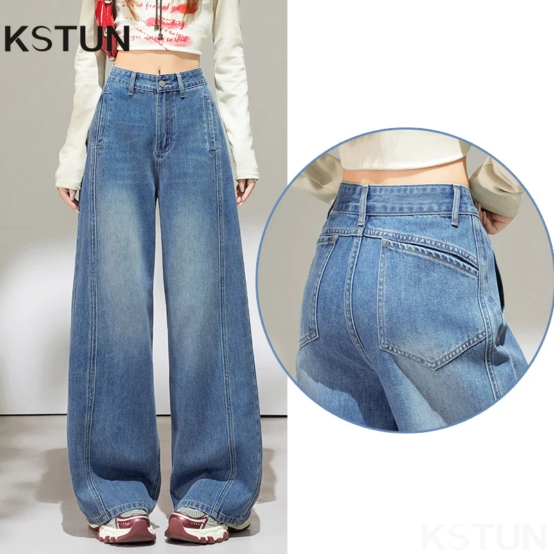 KSTUN 2026 Women's Elegant Jeans High Waist Wide Leg Denim Pants Patchwork Streetwear Personalized Pockets Straight-Leg Trousers