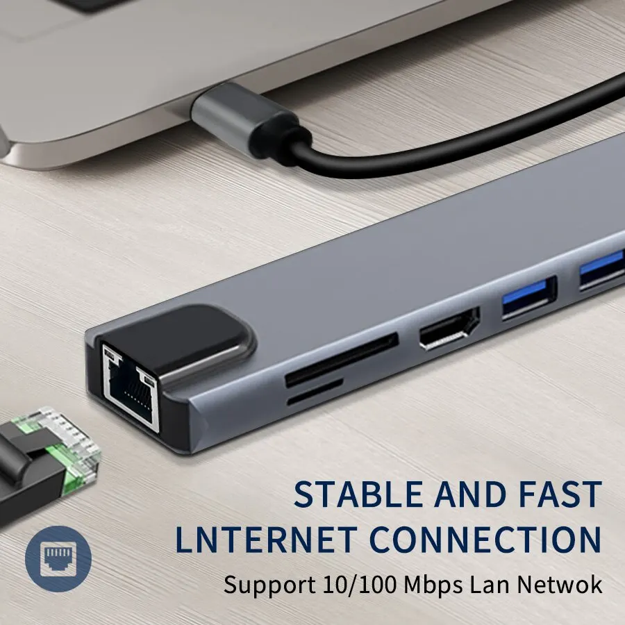 8 IN 1 Hub USB C tipo C adattatore HDMI da 3.1 a 4K con lettore di schede SD TF RJ45 ricarica rapida PD per Computer portatile Notebook MacBook