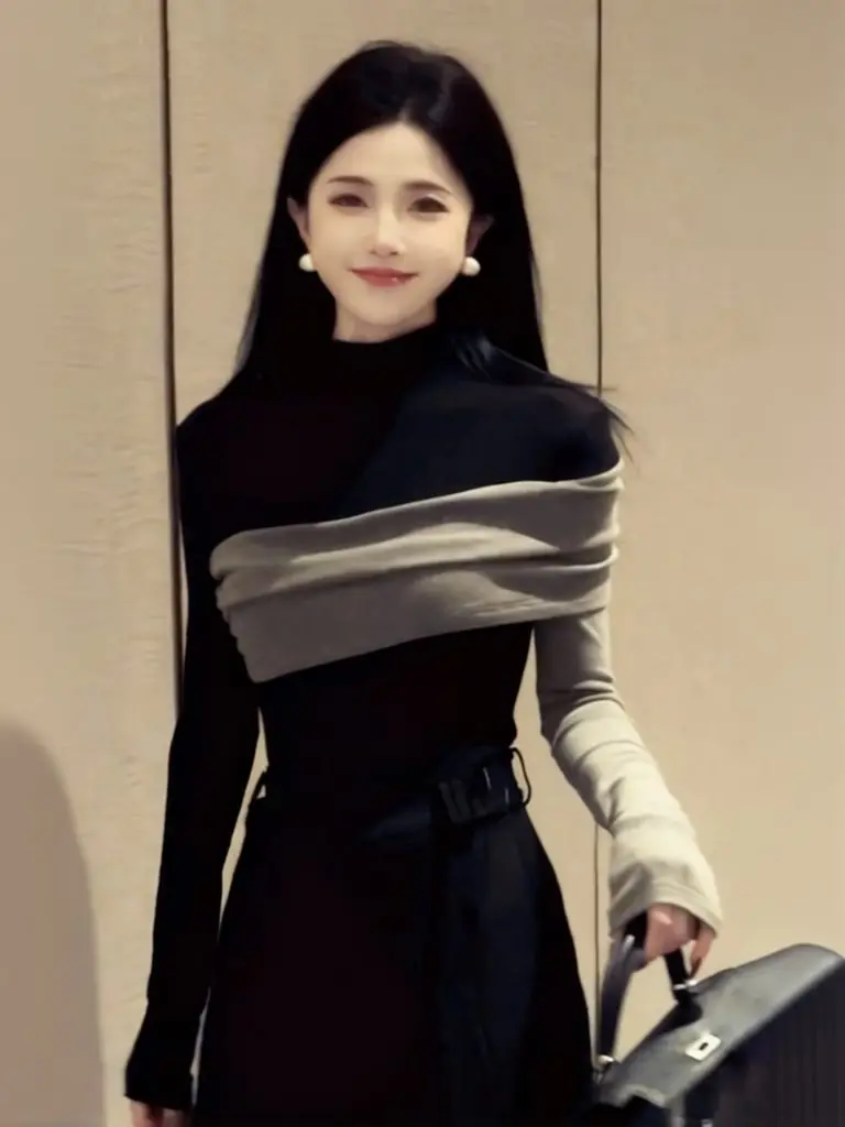 Two-piece Designer Long Sleeve T Shirt Woman Turtleneck Colorblock Layered Tees Slim Fit Basic Tshirt Autumn Winter Tops