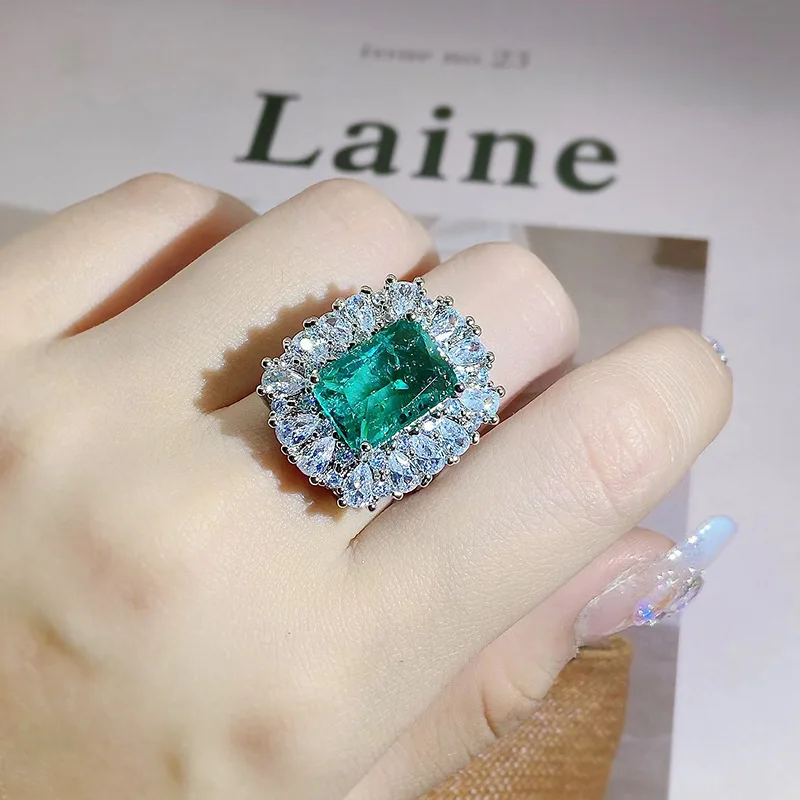 Vintage Emerald Ring 925 Silver Court Style Paraiba Jewelry Colorful Jewelry Ring Jewelry Set