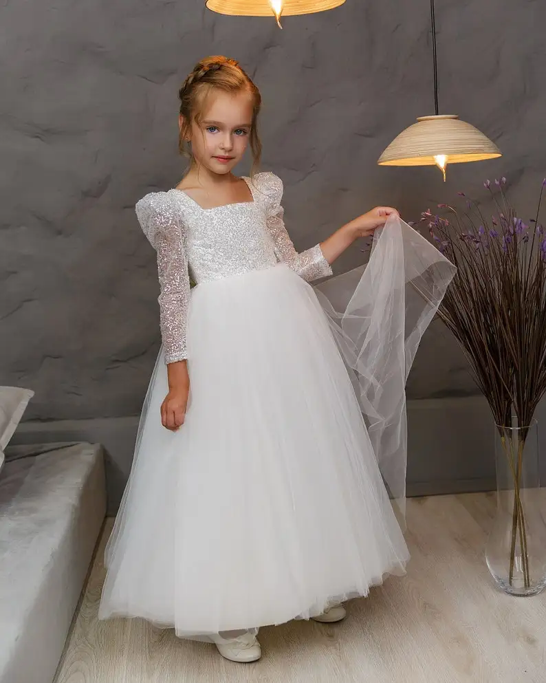 

Lace Flower Girl Dress Tulle Girl Wedding Dress Ivory Dress Birthday Girl Ball Gown Baptism Princess Party Pageant Dresses