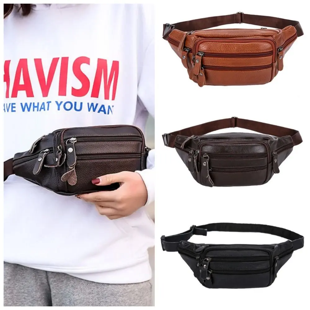 

Solid Color Genuine Leather Fanny Bag Multi-layered Adjustable Buckle Strap Men's Chest Pouch Zipper Wear-resistant Hip Belt Bag