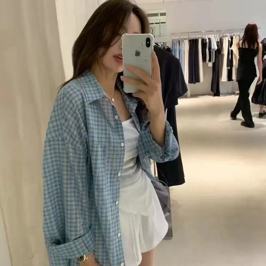 Loose American Blue Plaid Long Sleeve Shirt Summer New Style Sun Protection Outerwear Open Cardigan Casual Top Soft Satin
