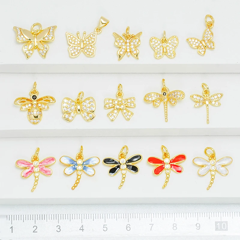

4 Pcs Brass Plated Butterfly Dragonfly Bee Enamel Pendant for Diy Necklace Jewelry Making Inlay Zircon Insect Animal Accessories