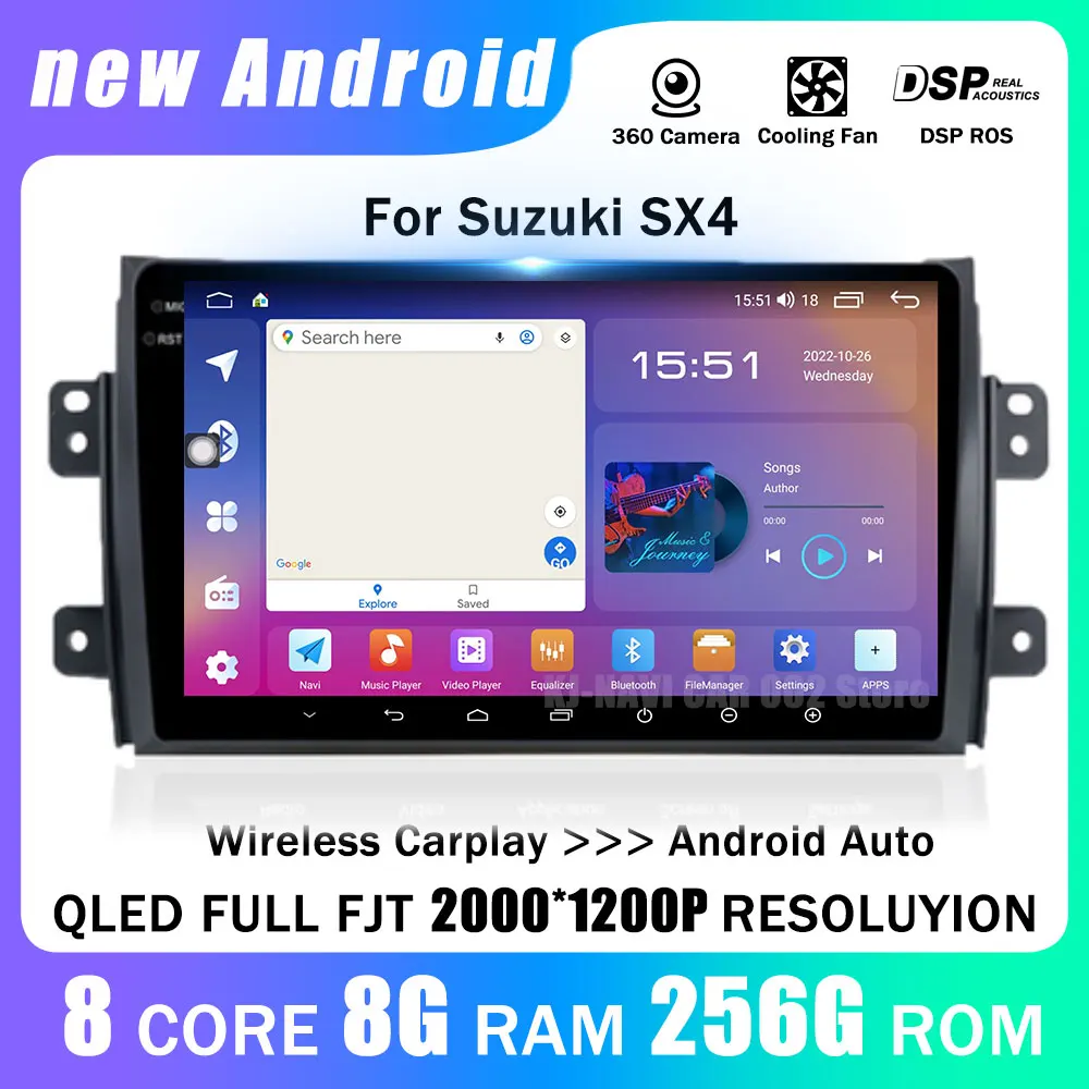 Android 14 Auto Radio Player Carplay Bluetooth For Suzuki SX4 2006-2013 Fiat Sedici 2005-2014 Car Stereo Head Unit GPS Video BT