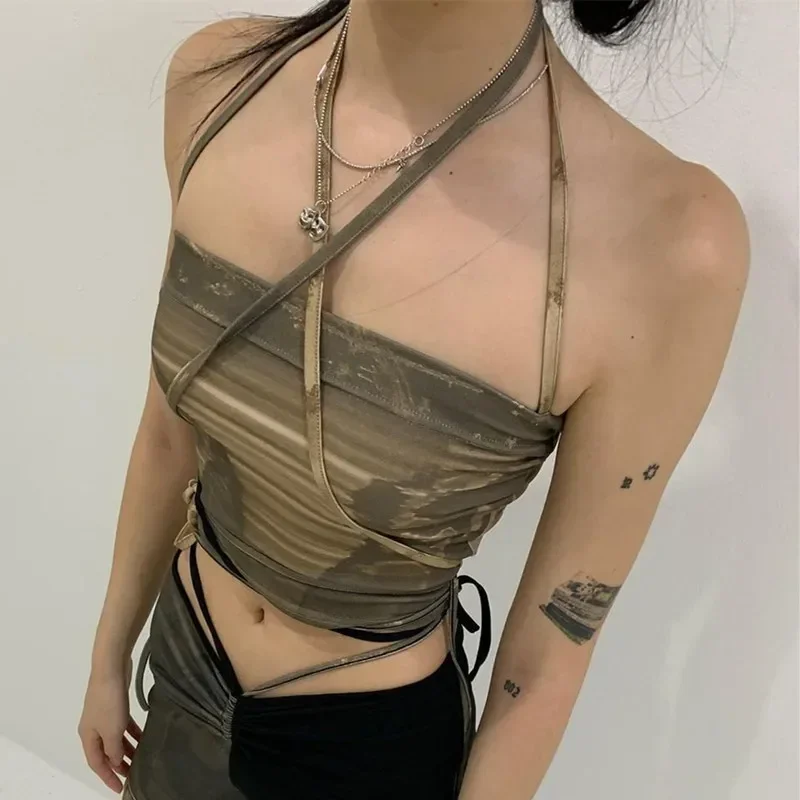 Green Fairy Grunge Bandage Crop Tops Vintage Aesthetic Tie Dye Slim Belt Y2K Bodycon Tube Top Elfcore Women Streetwear вязаная