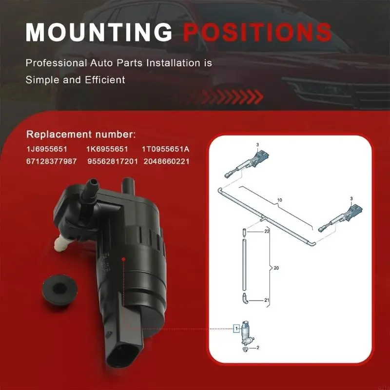 Front and Rear Washer Pump Motor 12V Two Outlet 2-Pin Windshield Washer Replacement Part with ABS Housing and Leak-Resistant