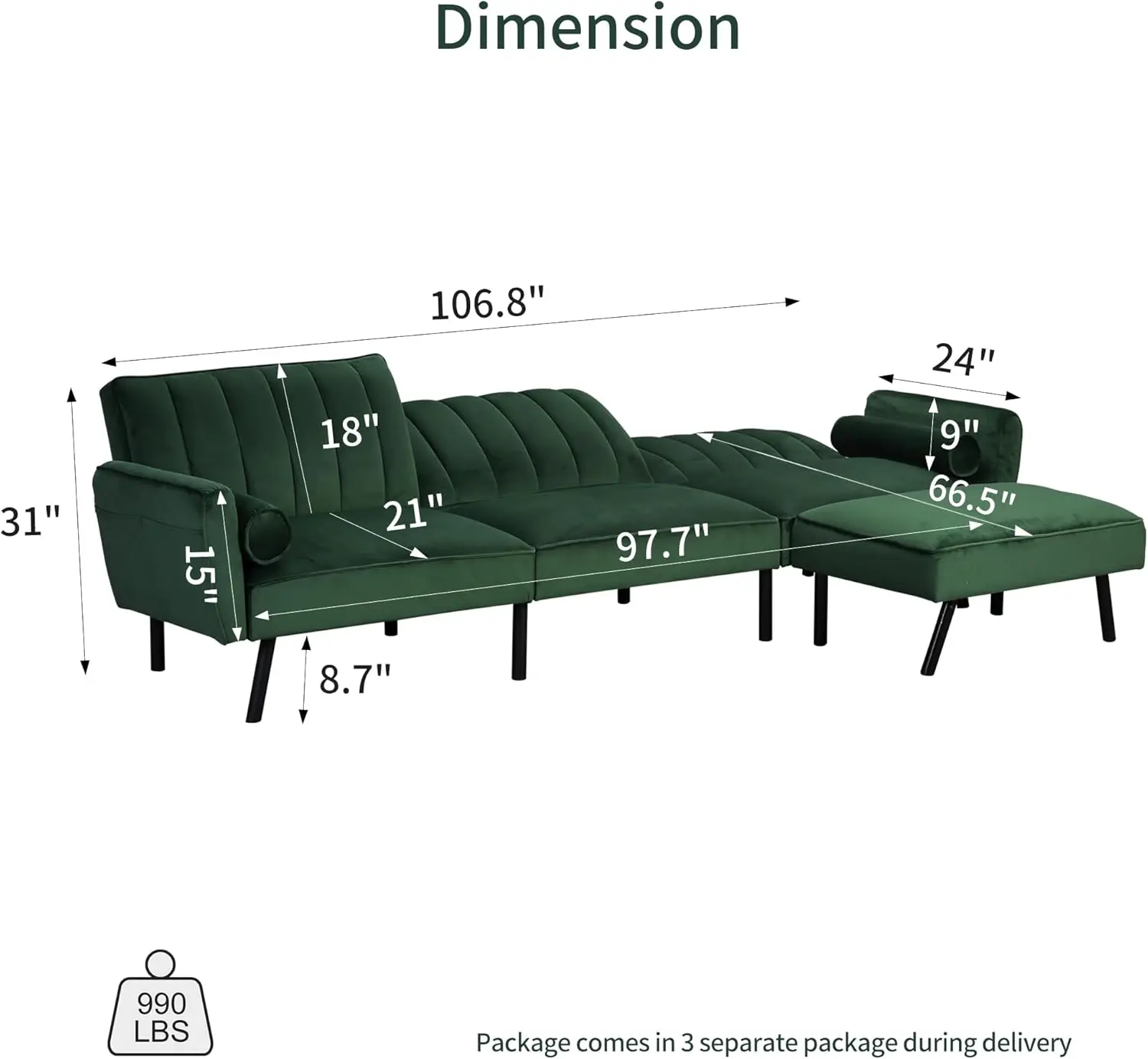 Duraspace Velvet Sectional Convertible Sofa With Chaise, 106.5