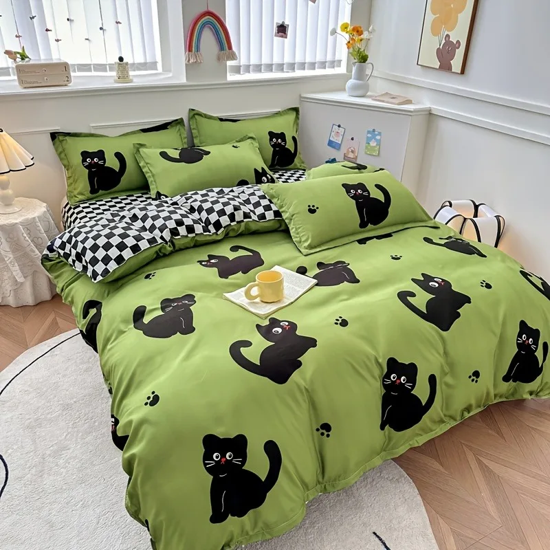 Cute Black Cat Print Bedding Set Green Double Side Checkered Duvet Cover Set Soft Microfiber Bed Sheets Pillowcases Home Bedroom