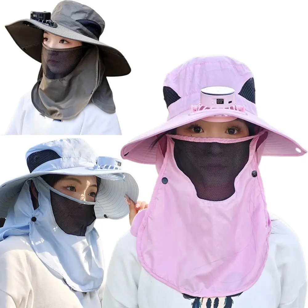 

Digital Display Screen Sun Hat with Solar Fan Breathable Mesh Solar/USB Charging Face Cover Bucket Hat Detachable 5 Modes