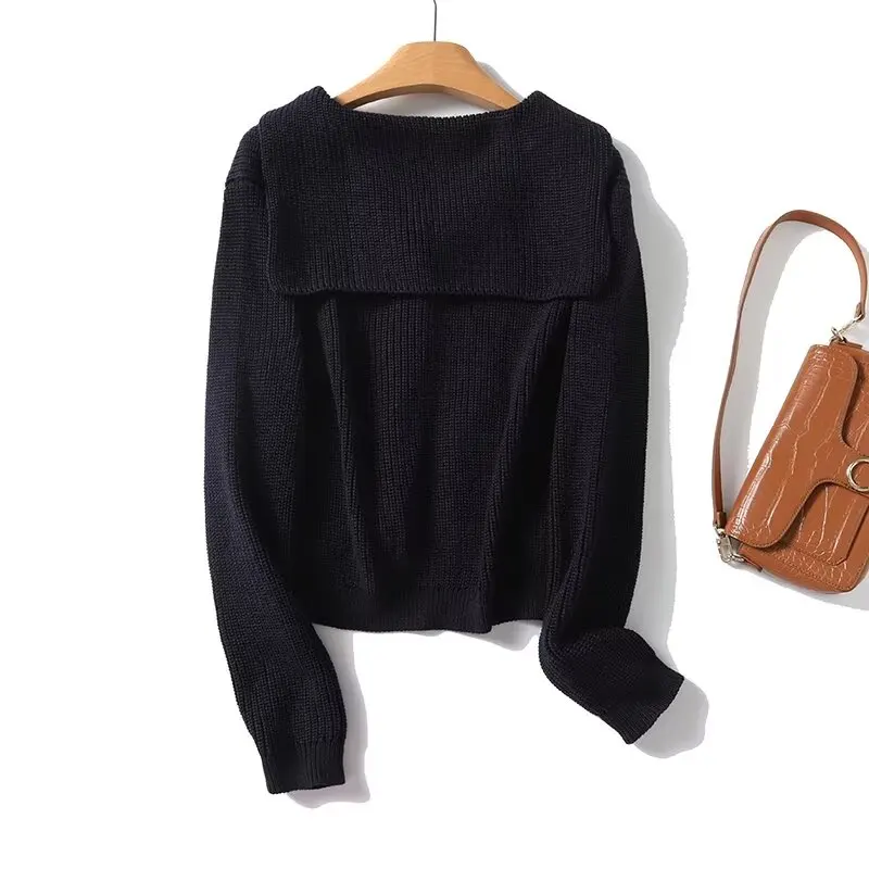 Maxdutti French Vintage Navy Knitted Jacket Women Minimalist Women's Single Breasted Cardigan