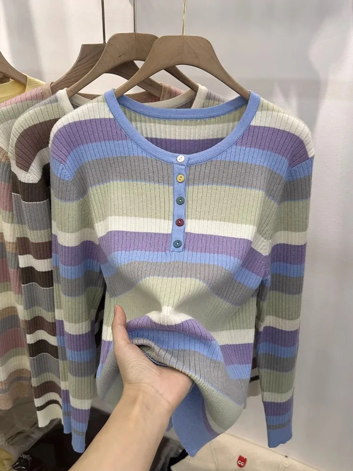 

Женский вязаный свитер больших размеров в радужную полоску, осень-зима, модный длинный све против морщин, круглый Ne Base irt