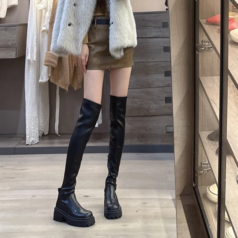 

Platform Women Sexy Leather Knee High Booties Fashion Warm Autumn Winter Square Heels Ladies Knight Long Boots