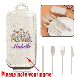 Customized Name 4 PCS Cutlery Set With Case Wheat Straw Tableware Silverware Kit Picnic Portable Utensils Set With Organizer Box