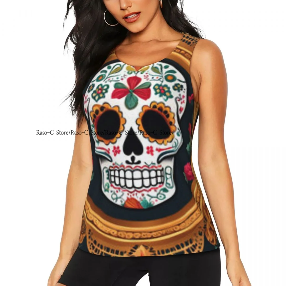 Women Sport tank Tops Loose Yoga Tops Quick Dry Workout Sport Tops Sugar Skull With Intricately Floral Yoga Shirt