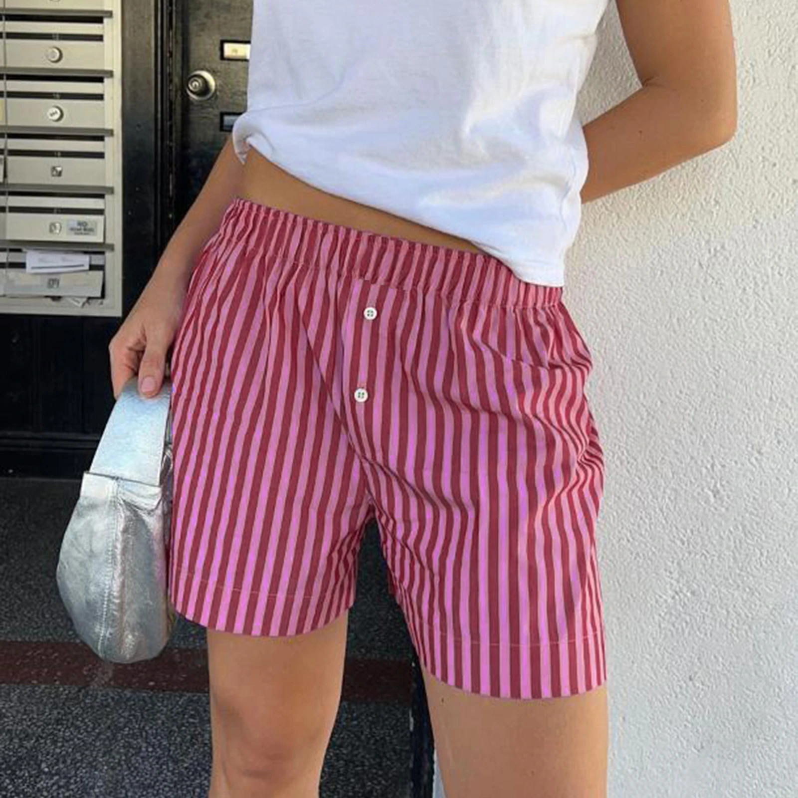 Casual Women Vintage Shorts Elastic Waist Solid/Striped Shorts Loose High Waist Striped Print Pajama Pants Beachwear Streetwear