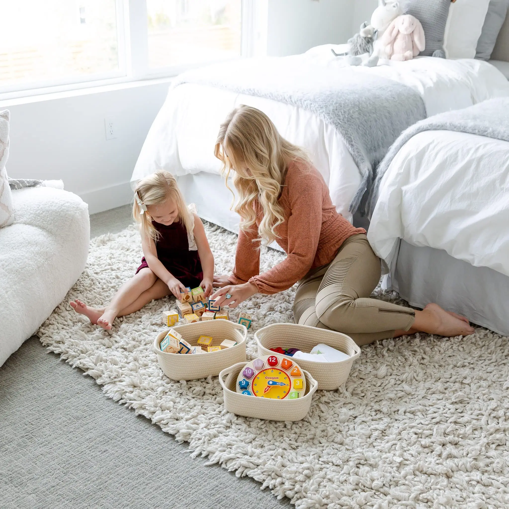 Rectangle Storage Basket Set, Natural Cotton Rope Woven Baskets, Organizing Basket for Montessori Baby Nursery Home, 5Pcs