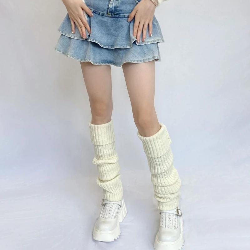 Harajuku Women Long Leg Warmer Rib Knit Turn Cuff Solid Color Thigh High Socks