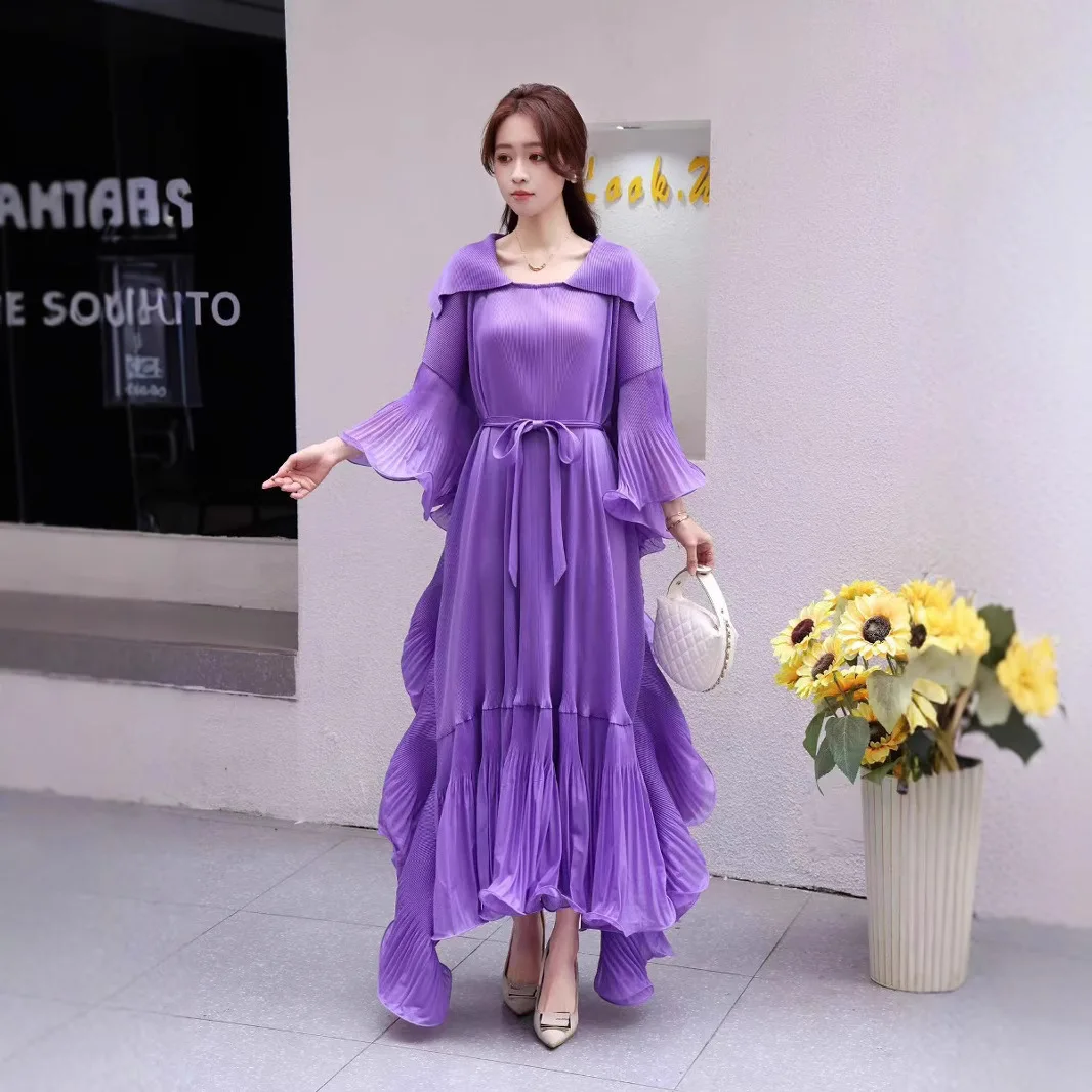 Miyake Plisowane Francuskie Eleganckie Sukienki Plus Size Damskie Plisowane Sukienki w Jednolitym Kolorze Wyszczuplające Sukienki Plus Size Elastyczne Sukienki na Bal 2025 Nowość