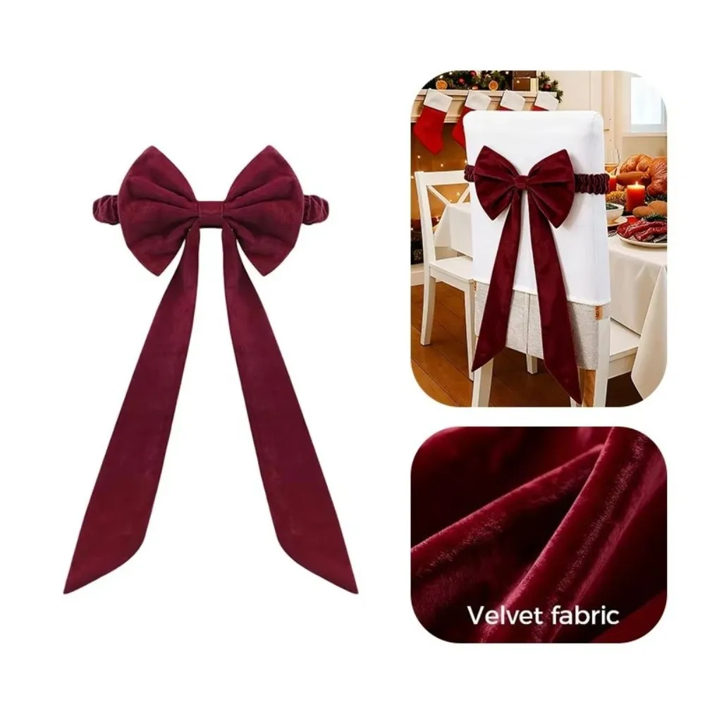 Velvet Christmas Red Chair Bows Elastic Ribbon Gift Bows Burgundy Chair Sashes Dining Chair Cover