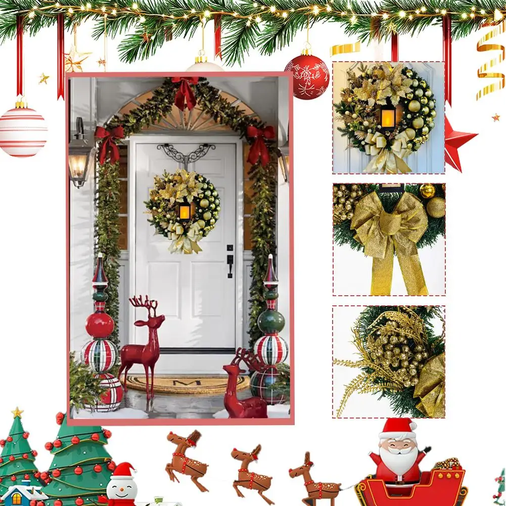 

Red Ball Flower Garland Xmas Ornament Window Wall Hanging Decor Christmas Decoration Golden Wreath With Lamp For Front Door