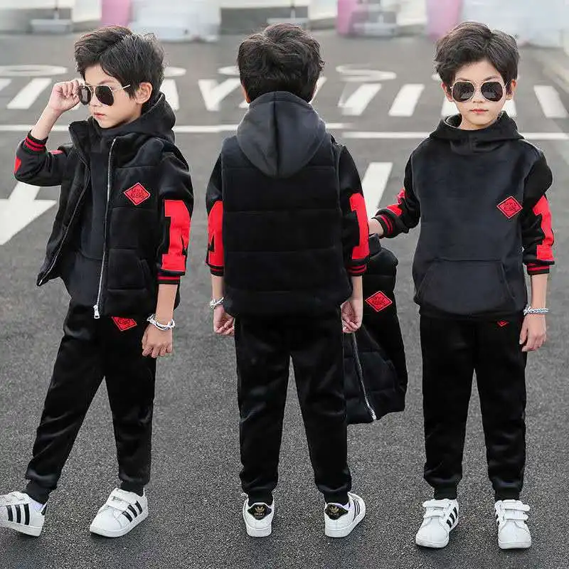 New Kids Boys Fleece-Lined Thickened Suit Three-Piece Set Trendy Autumn/Winter Outfit For Mid to Large Children