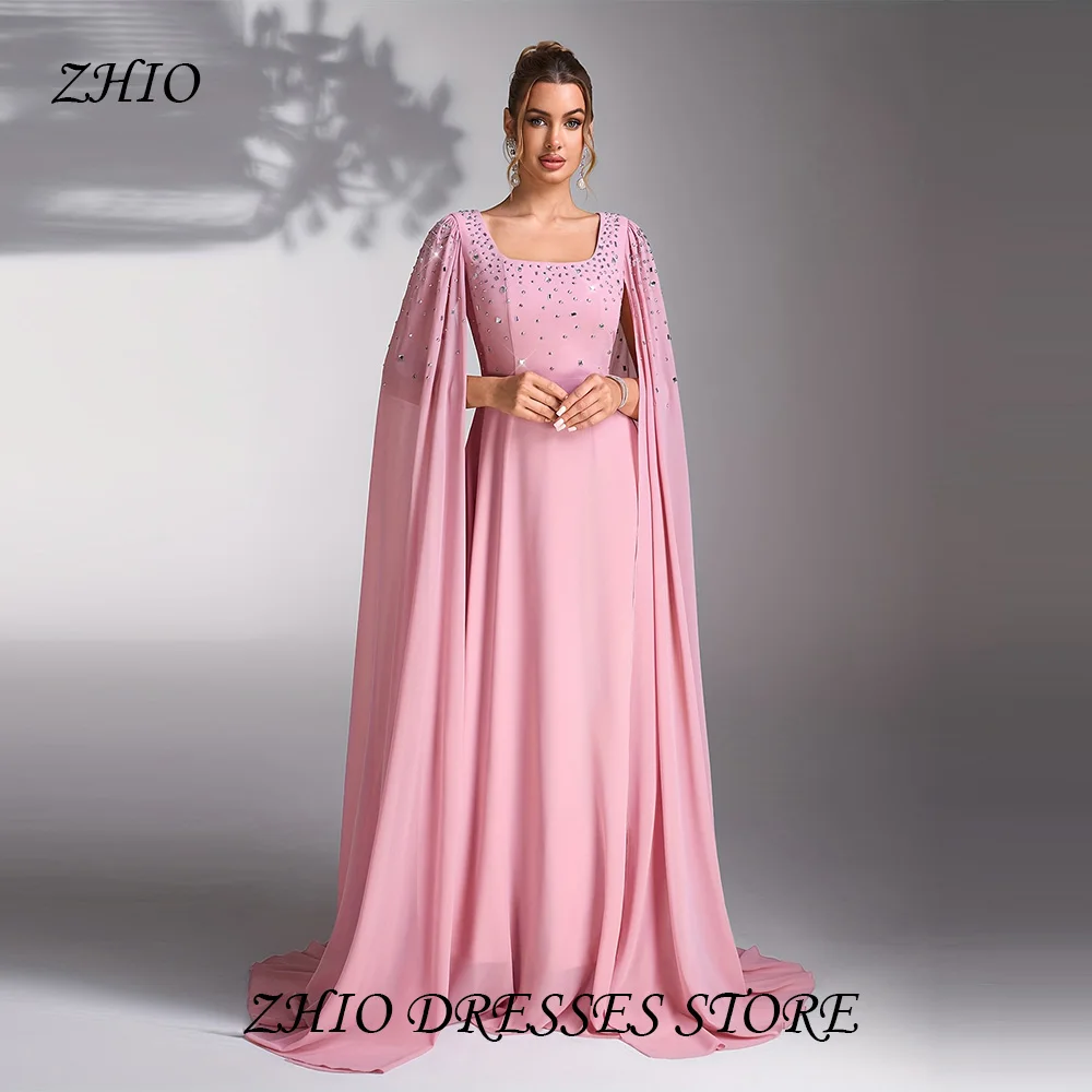 فستان حفلات نسائي من ZHIO برقبة مربعة وأكمام طويلة فاخر مطرز بالخرز كريستال سويب تراين شيفون المملكة العربية السعودية مخصص