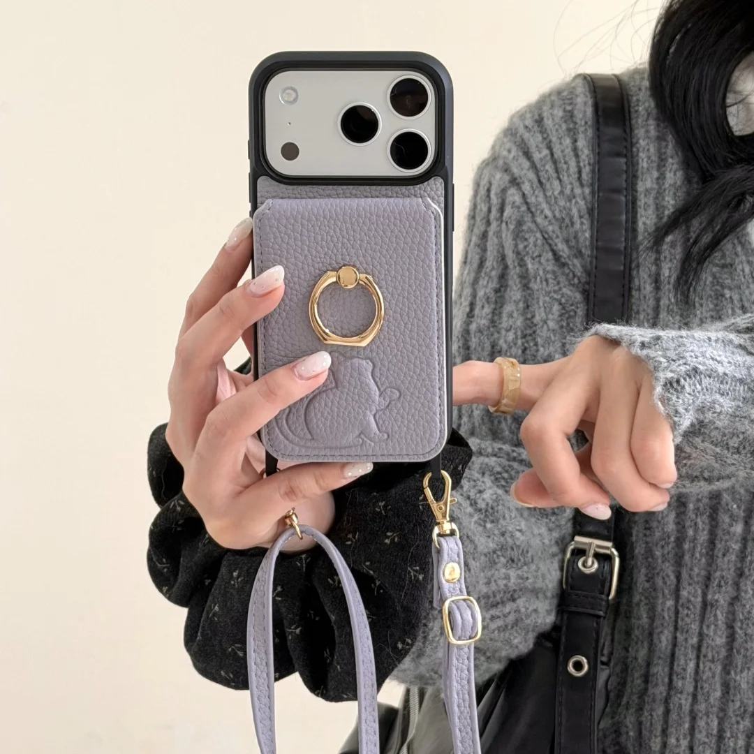 

For iPhone Air For iPhone 17 Pro Max Case Protective Shell Back Cover Cat Ring Leather Texture With Strap Lanyard